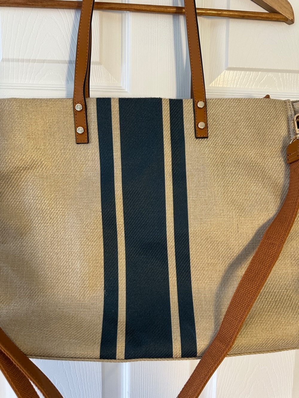 Canvas Tote Bag with Dark Blue Stripe and Brown Leather Handles - Picture 6 of 8